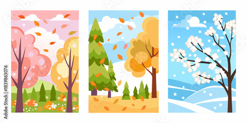 Illustrative depiction of four distinct seasonal landscapes with trees and weather