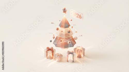 Futuristic 3D Christmas tree with glowing ornaments and gift boxes for 2026 holiday background