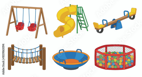 Playground Equipment Vector Set -  swing, slide, seesaw, bridge