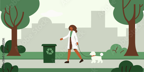 Woman walking a dog in a park with a recycling bin nearby