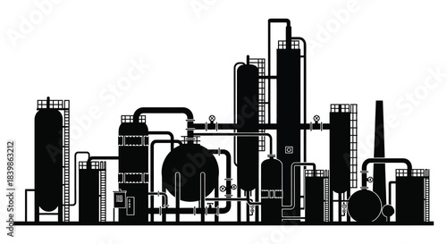 Detailed industrial complex with interconnected pipes and towers a striking black silhouette