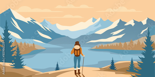 A lone hiker stands overlooking a serene lake and majestic mountain range