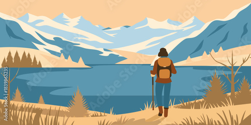 A lone hiker contemplates a serene mountain lake and snow capped peaks