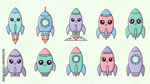 Kawaii Rocket Icon Set – Cute Space Rockets and Cartoon Galaxy Elements