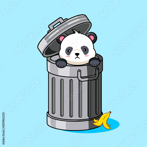 Sad Panda In Trash Can Vector Illustration Cartoon Kawaii Design