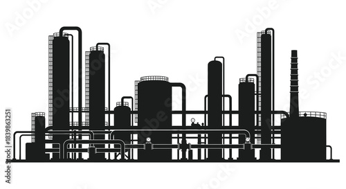 A striking black silhouette of an industrial complex with numerous towers and pipes silhouette