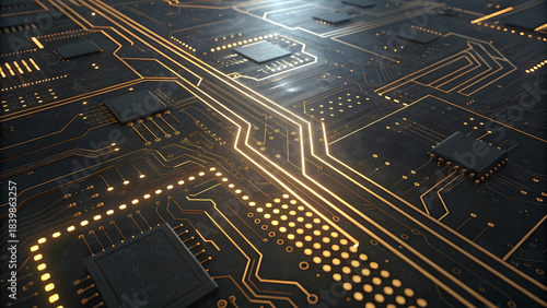 Printed circuit board background showing the electronic circuits, computer chip hardware, and digital processor technology