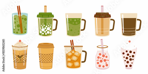A colorful collection of various bubble tea and iced beverage illustrations