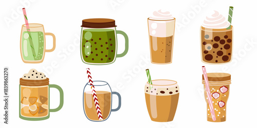 A colorful collection of different iced beverages in glass jars and cups