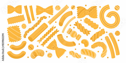 A colorful arrangement of various pasta shapes on a white background