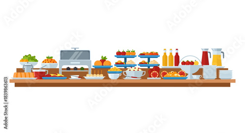 A long buffet table spread featuring chaffing dishes, salads, tiered dessert stands, drinks, and appetizers arranged for a meal.