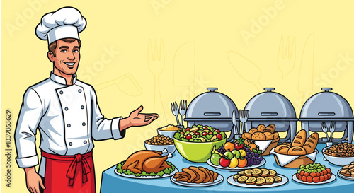 A long buffet table spread featuring chaffing dishes, salads, tiered dessert stands, drinks, and appetizers arranged for a meal.