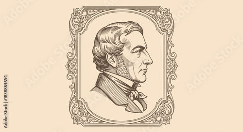 A vintage, sepia-toned engraved style portrait of a distinguished gentleman from the 19th century in a decorative frame.
