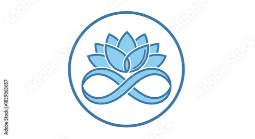 A minimalist blue line art design combining a lotus flower with an infinity symbol inside a circle, representing eternal wellness.