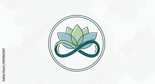 A minimalist blue line art design combining a lotus flower with an infinity symbol inside a circle, representing eternal wellness.