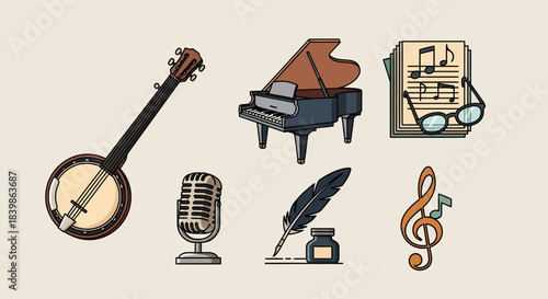 A set of musical icons featuring a banjo, grand piano, vintage microphone, quill with ink, sheet music, and a treble clef.
