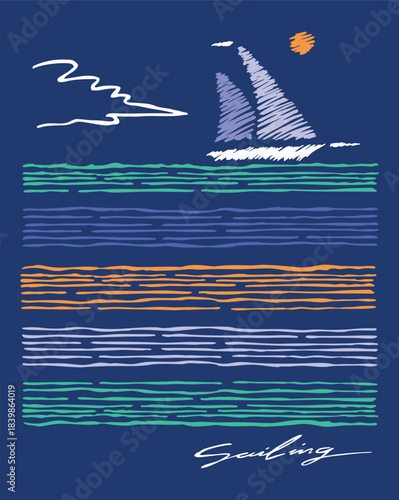 Colorful illustration in stylized lines of a sailboat on the horizon.