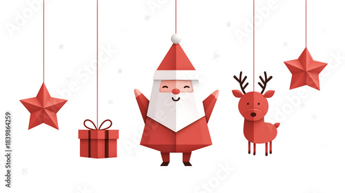 Papercraft style hanging christmas decorations featuring santa claus reindeer stars and a gift box on black
