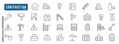 Construction and Real Estate outline icons set. Home repair tools, builders and equipment symbols. Simple vector illustration.