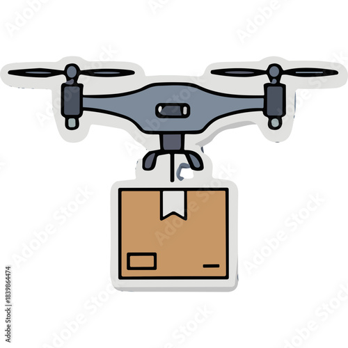 Modern Quadcopter Drone Delivering a Cardboard Package Secured with Straps in a Simple Flat Design Style with Clear Outlines and Subtle Shading