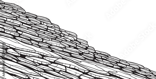 Black and white abstract pattern of stacked, irregular shapes