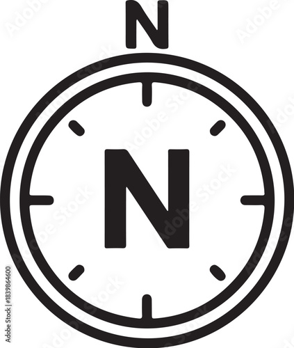 Black and white icon of a compass pointing north navigation