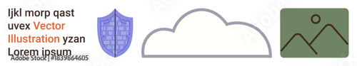 Digital security, data storage, landscape design, cybersecurity, technology concepts, and creative visuals. A shield, a cloud outline and a stylized landscape icon. Digital security and data storage