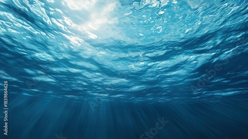 Fototapeta Naklejka Na Ścianę i Meble -  Stunning underwater view looking up towards the sunlit ocean surface with deep blue water rays