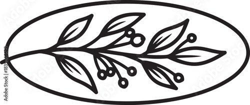 Black and white illustration of a branch with leaves and berries in an oval