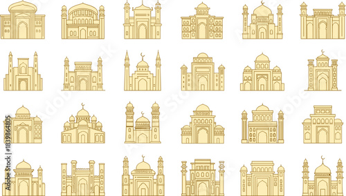 Stylized Islamic architecture icon set featuring mosque silhouettes, domes, minarets, and crescent moons for cultural or design use
