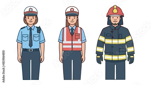 Cartoon illustration of essential public service professionals: female police officer, traffic warden, and male firefighter