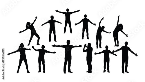 a collection of black silhouettes depicting people in various dynamic poses representing movement and unity silhouette