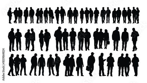 a large collection of black human figures arranged in rows showcasing diverse poses and forms silhouette