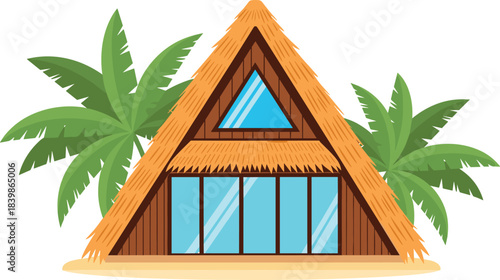Tropical A-frame hut with thatched roof, blue windows, and palm trees for beachside vacation, resort, and eco design themes