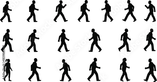 Collection of black silhouette icons depicting various figures walking in profile against a clean white background for animation