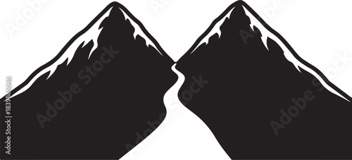 Black and white illustration of two mountain peaks with a path between them Keywords: mountains