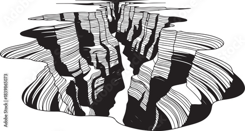 Black and white line art illustration of a deep canyon