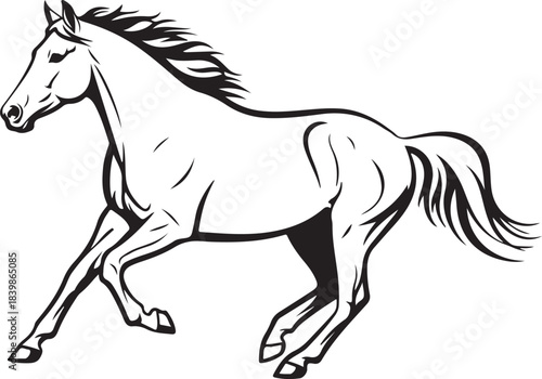 Black and white line art of a running horse Keywords: horse, running, galloping, stallion, mare