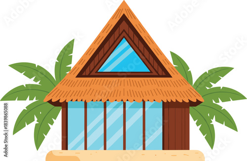 Tropical hut with thatched roof, palm leaves, and sandy ground for vacation, beachside, and eco-friendly architecture themes