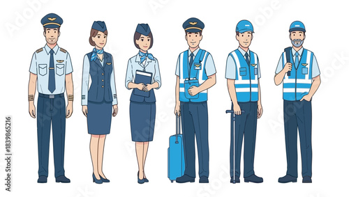 Aviation Industry Professionals and Airport Ground Staff Characters in Uniform Vector Illustration