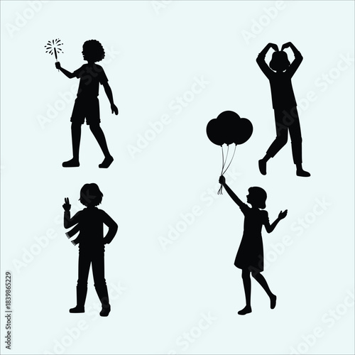 Kids playing with sparkler, children showing peace sign, girls holding balloons, boys celebrating party