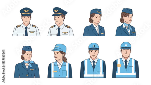Airport and Airline Staff Cartoon Characters Set: Pilots, Flight Attendants, and Ground Crew Uniform Avatars