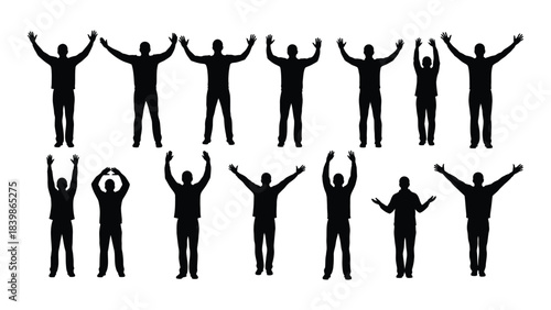 a collection of joyful figures with arms raised in celebration a simple black and white silhouette