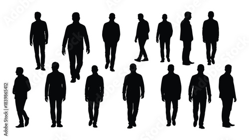 a collection of diverse human figures displayed in stark black silhouettes embodying varied body types and postures silhouette