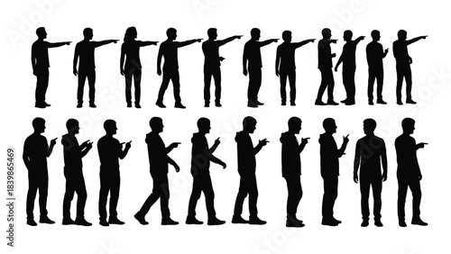 a series of human figures depicted in various dynamic poses and actions presented as a striking silhouette