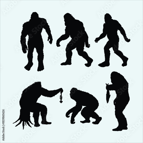 Bigfoot sasquatch monster set. Mythical creature animal. Hairy legend beast
