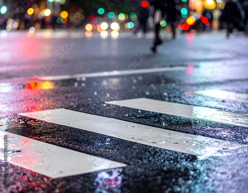 Wet urban scene at night with a crosswalk, reflecting lights