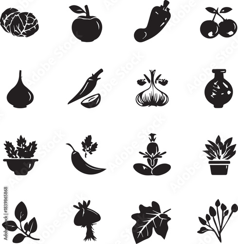 Black vegetable icons showcasing diverse healthy food elements in silhouette style silhouette black and white 
