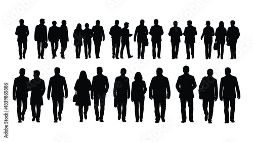 a collection of dark human figures walking in various poses and arrangements a striking silhouette