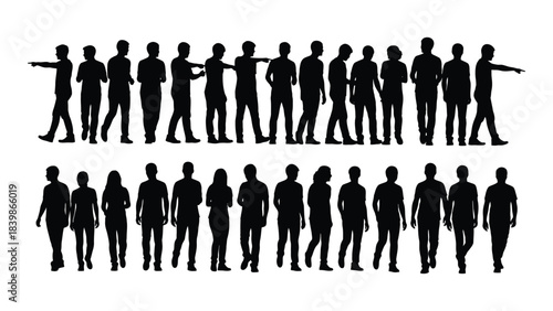 a diverse group of people posed in various dynamic actions are shown as a striking black silhouette